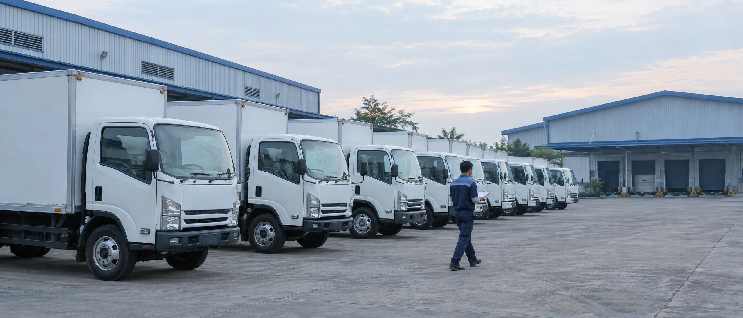 A row of leased delivery trucks parked at a logistics yard in the early morning