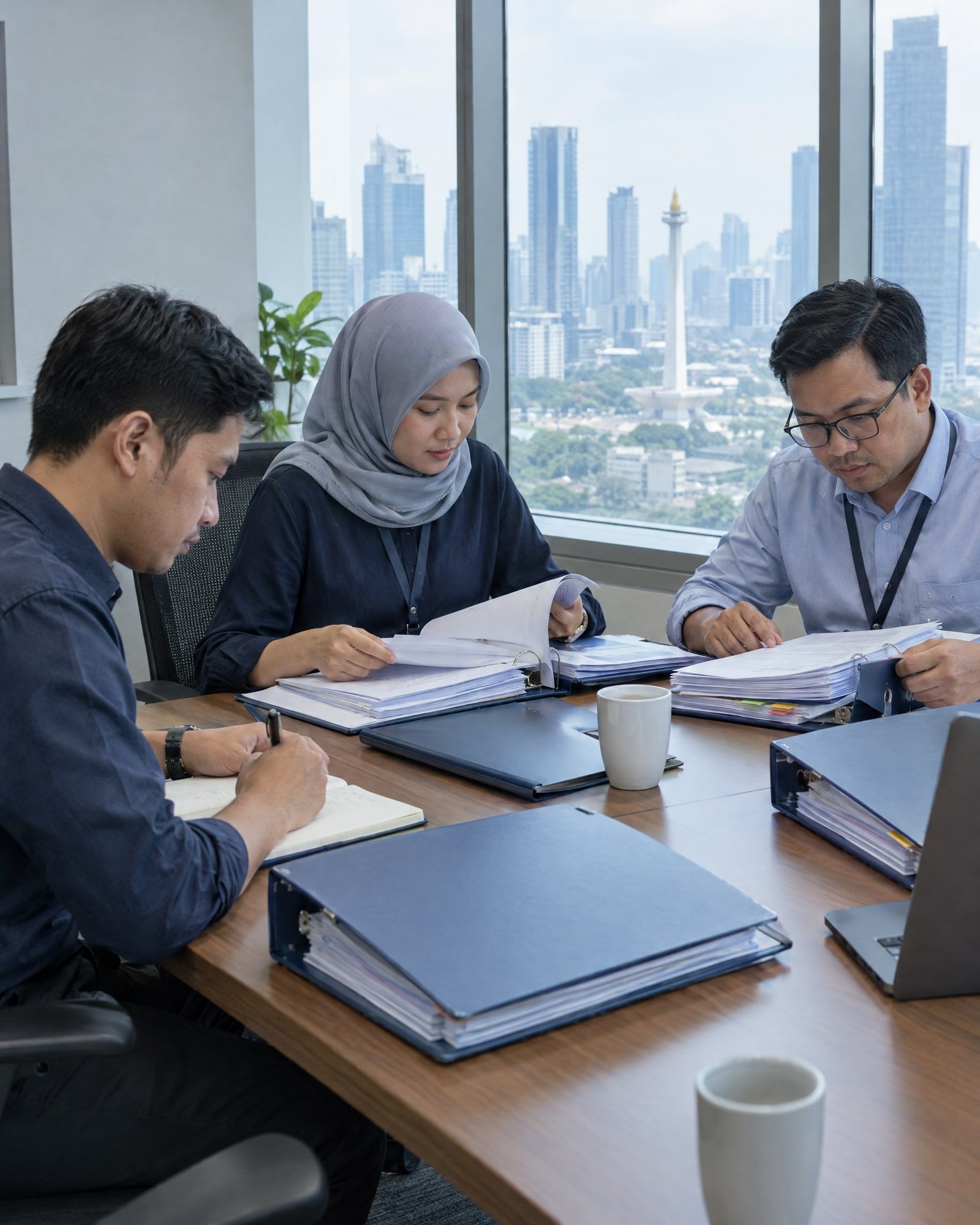 An internal audit team reviewing binders of working papers around a table