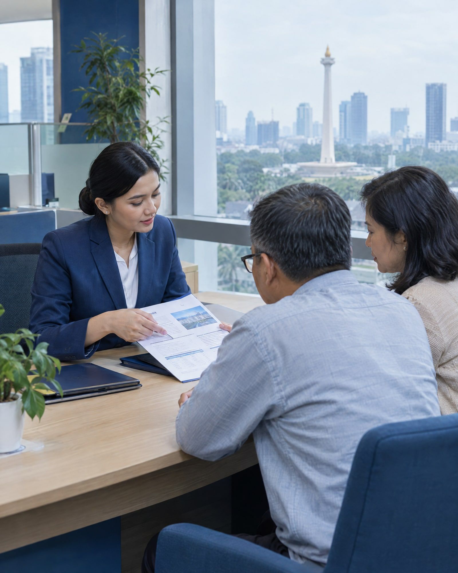 A bank relationship manager explaining a document to a couple at a branch desk