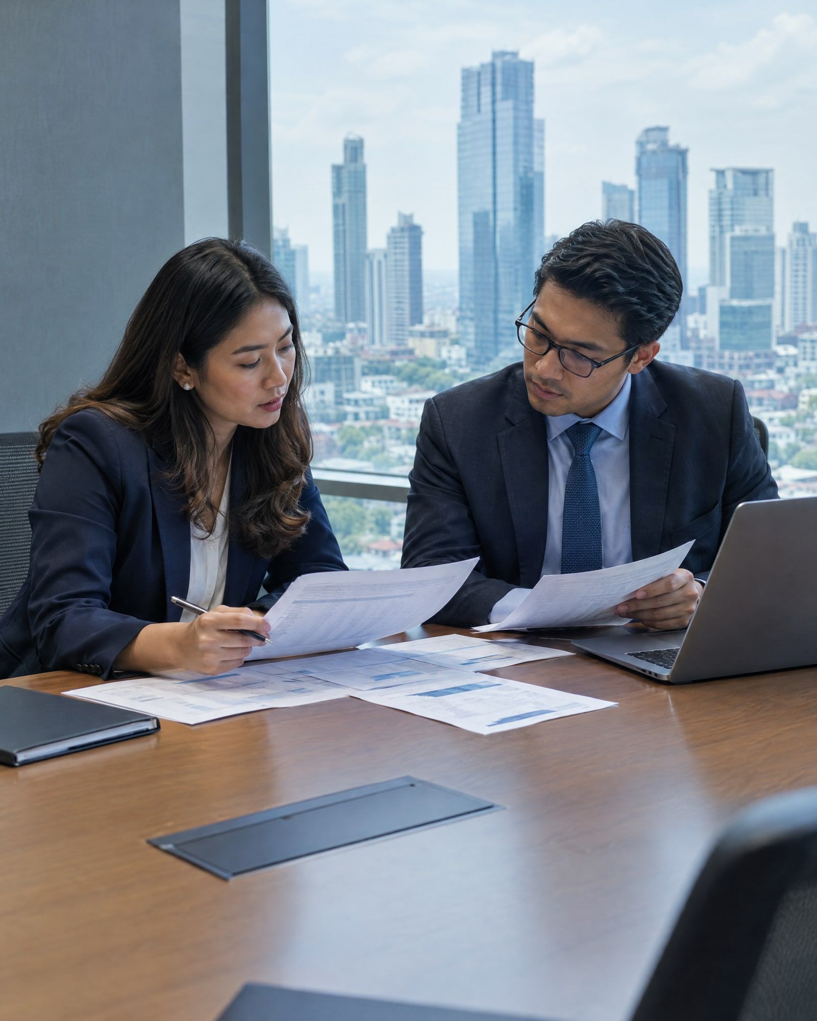 Two reinsurance brokers comparing printed placement slips in a meeting room