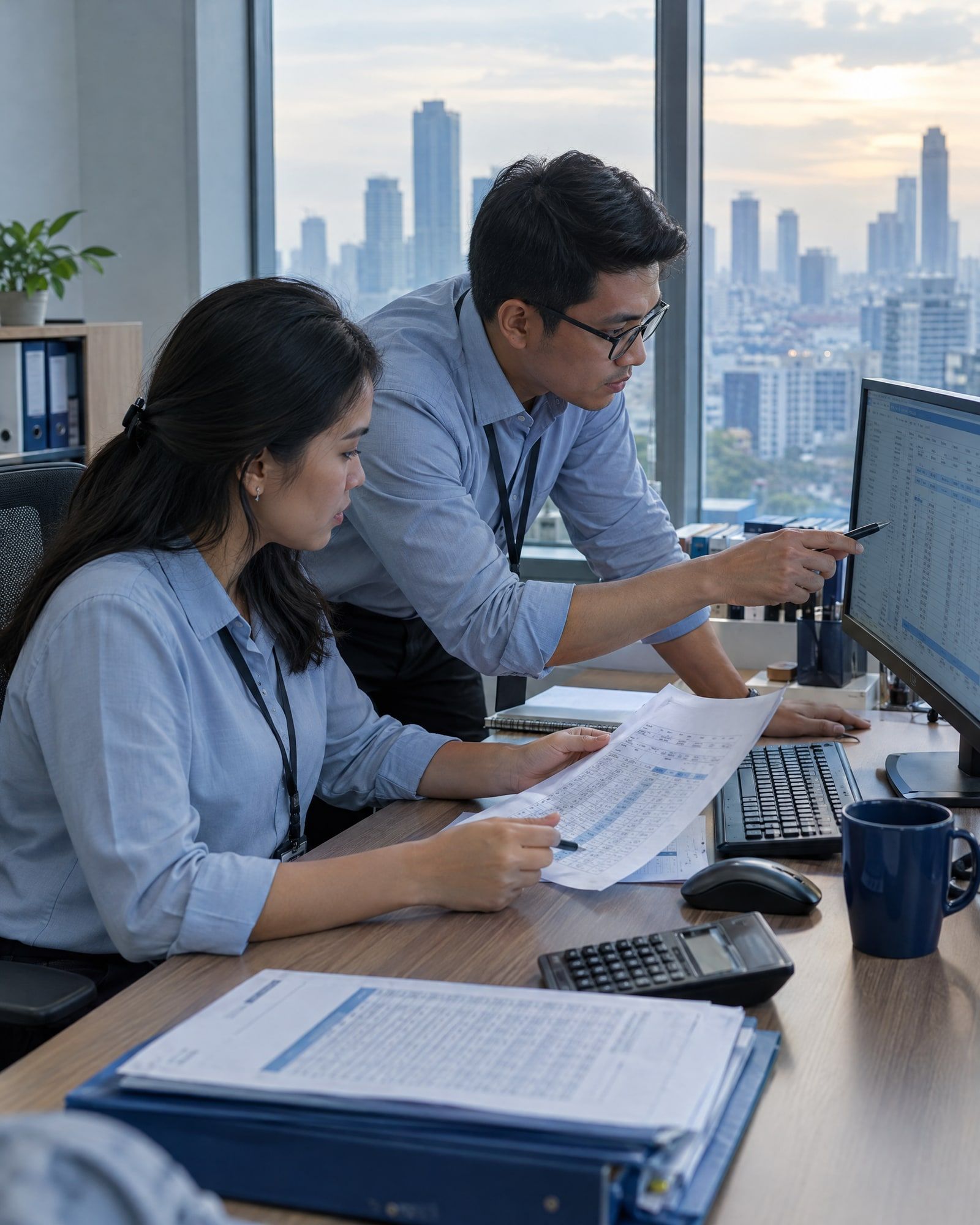 Two accountants comparing a printed schedule with figures on a monitor