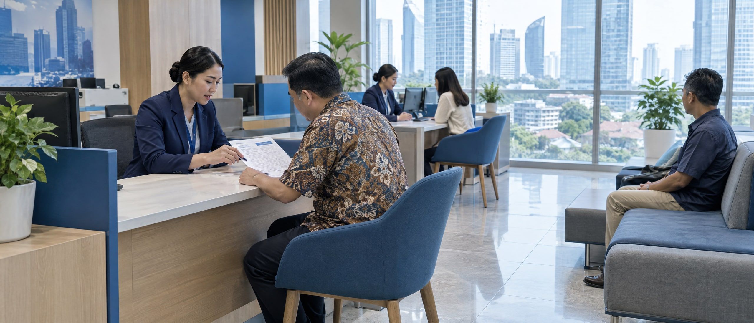 A bank officer explaining a printed insurance policy to a customer at a branch desk