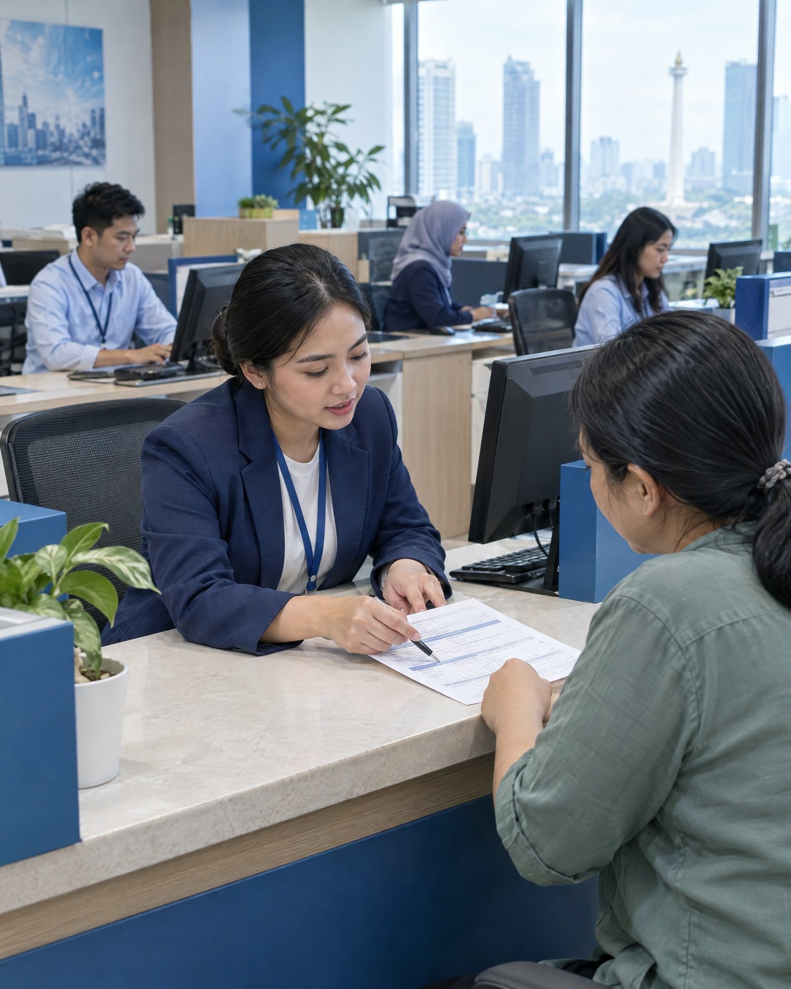 An insurance company’s customer service counter, with a staff member helping a policyholder