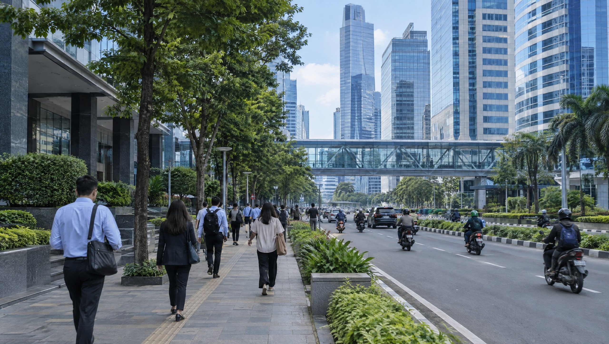 Office towers and a tree-lined street in Jakarta’s Kuningan business district