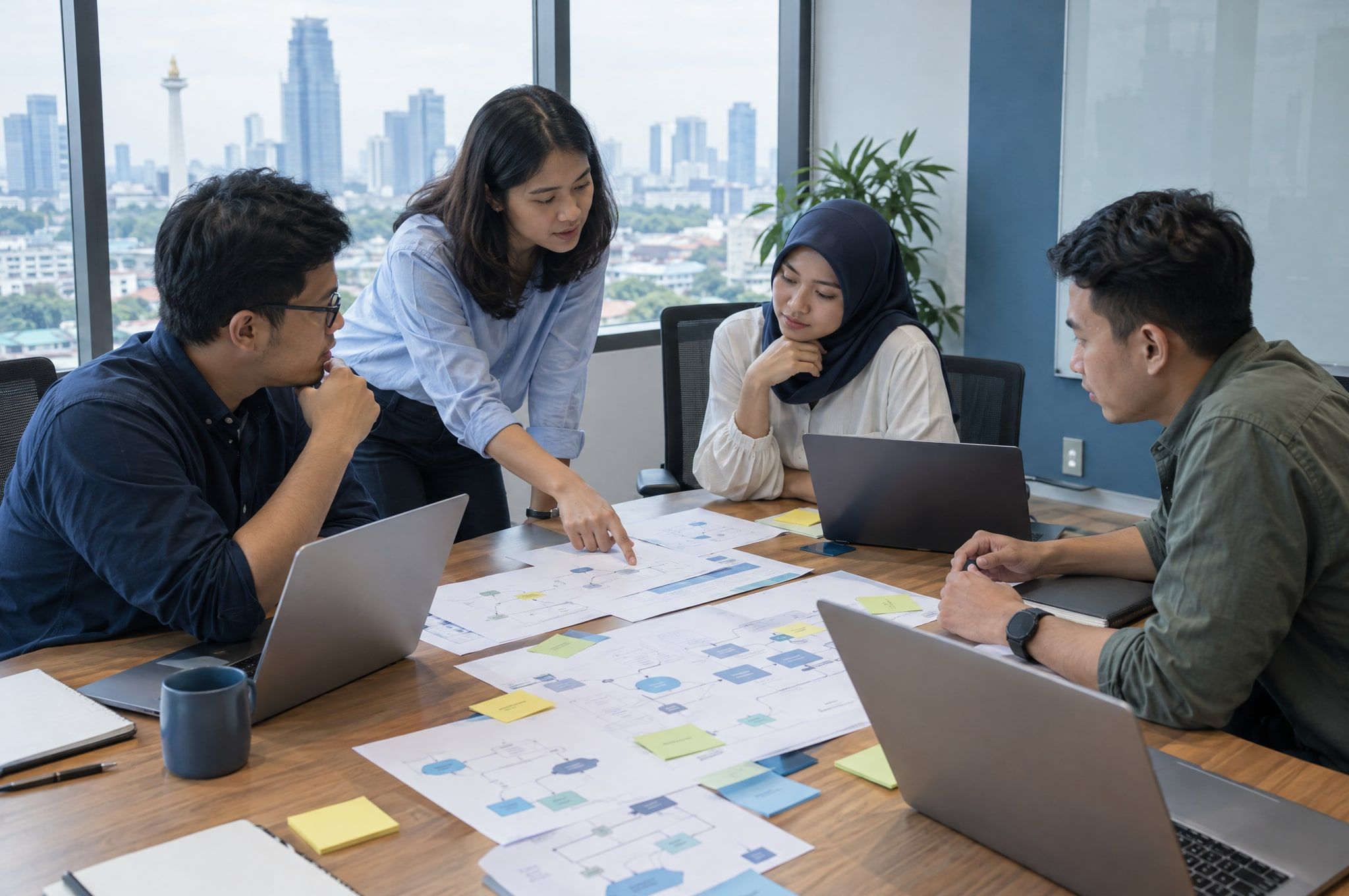 A project team working through printed process maps around a meeting table