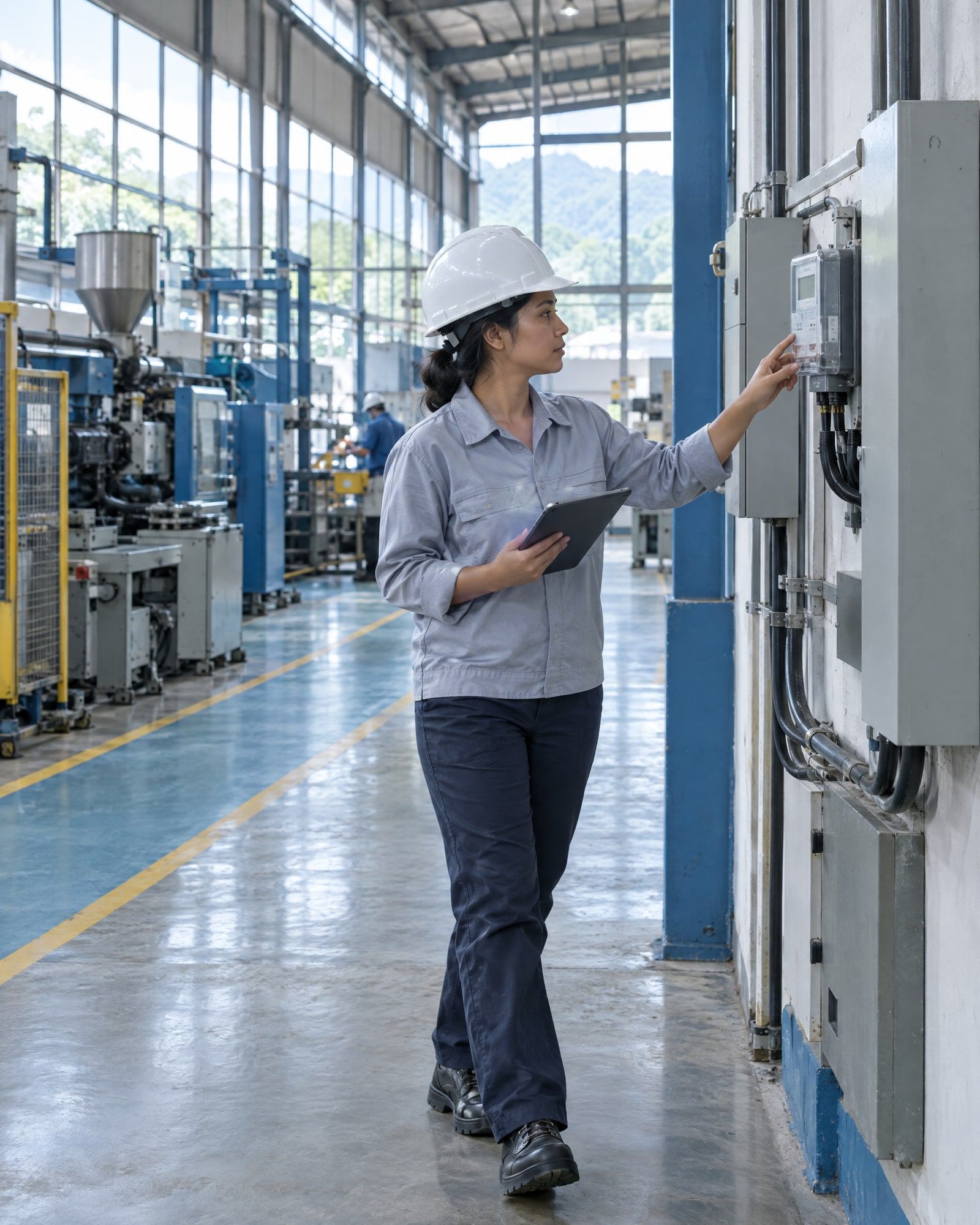 A sustainability officer checking an energy meter on a factory floor