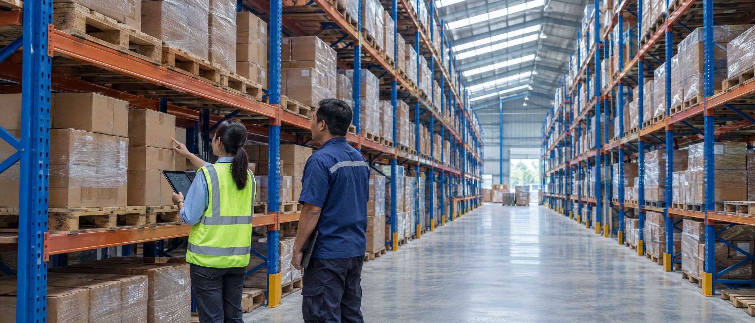 An auditor counting stock on warehouse racking with a supervisor beside her